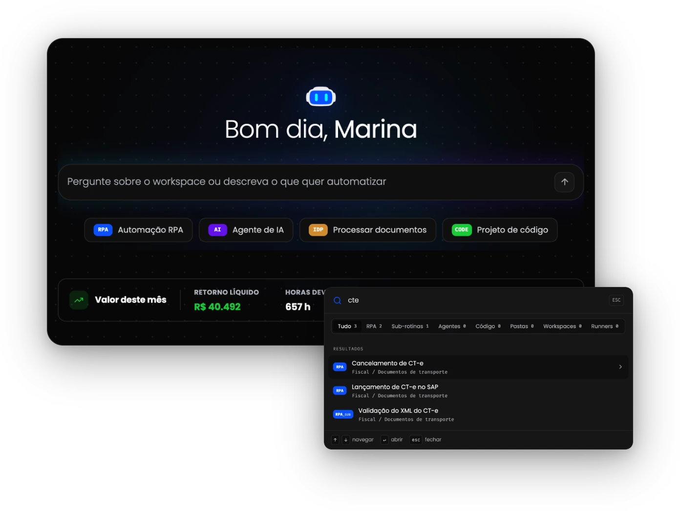 Página inicial do Roberty Studio com o assistente, atalhos de criação e a busca global aberta